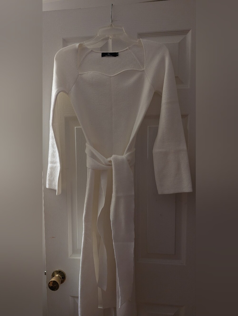 Illusory White Knit Tie-Waist Midi Sweater Dress